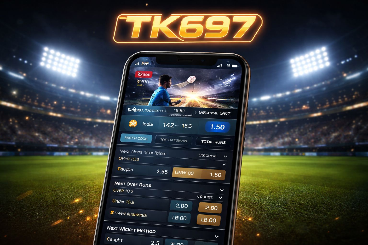 TK697 sports betting platform — live cricket odds on a smartphone