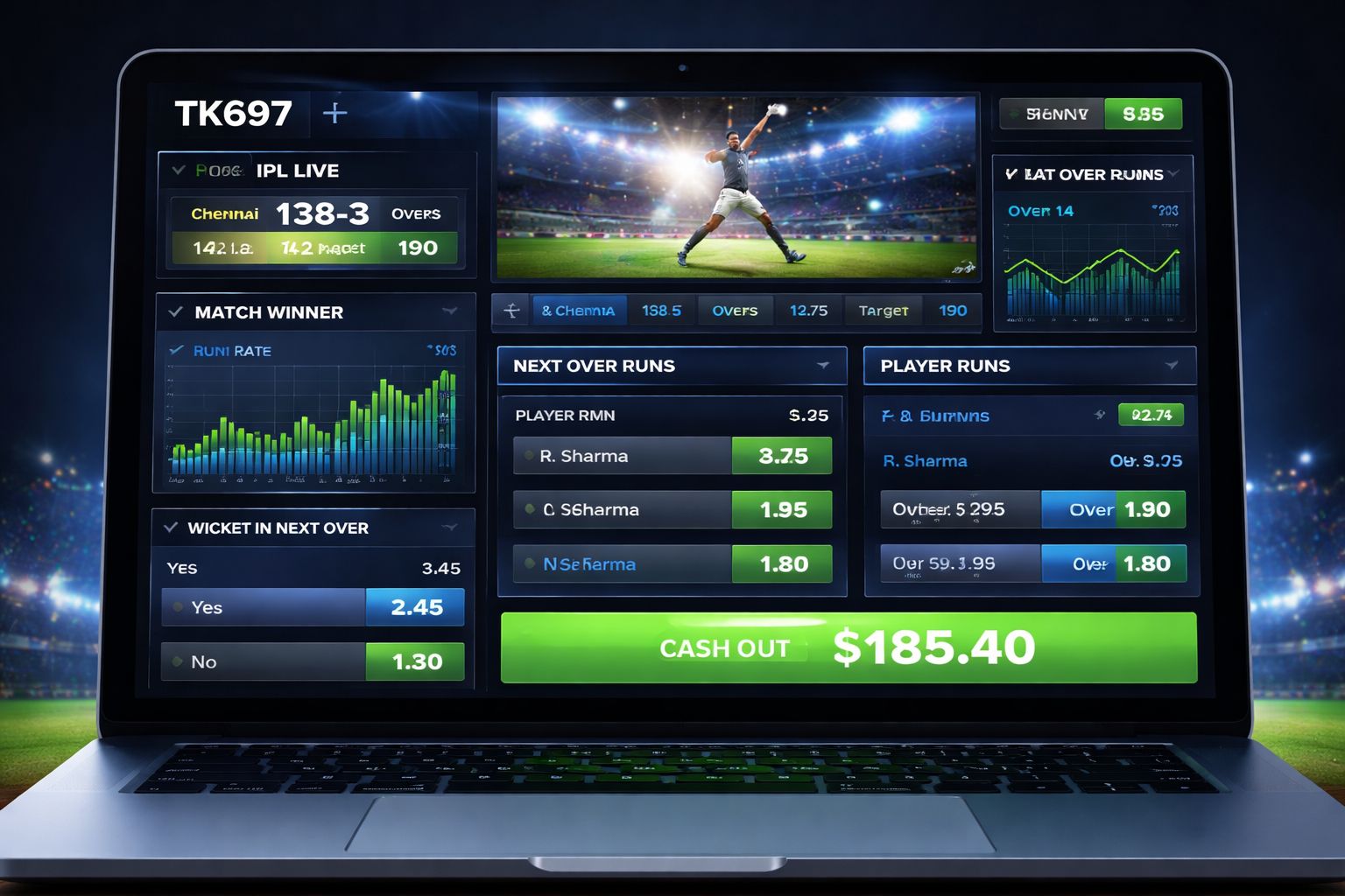 TK697 in-play cricket dashboard showing live odds and match statistics