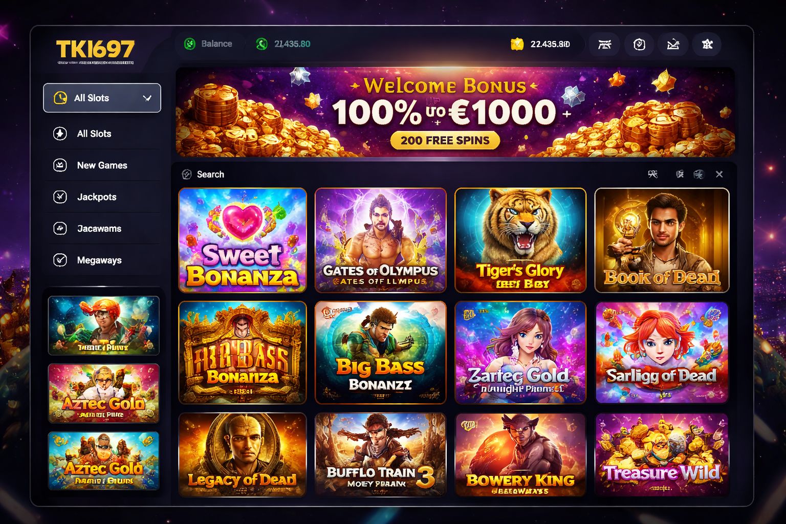 TK697 slots lobby showing top slot games and welcome bonus banner